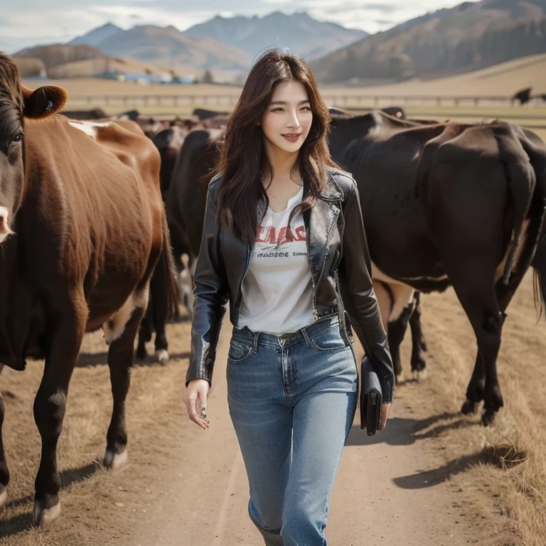 Woman in jeans and leather jacket walking with cows in field, Korean female fashion model, Bae Suzy, Leather jacket and denim jeans, beautiful korean girl, beautiful south korean women, Wear farm clothes, Casual clothing style, Song Hye-Kyo, She wore a leather jacket., cow girl, Jinyoung Shin, Jennie blackpink, Sleek black leather clothing