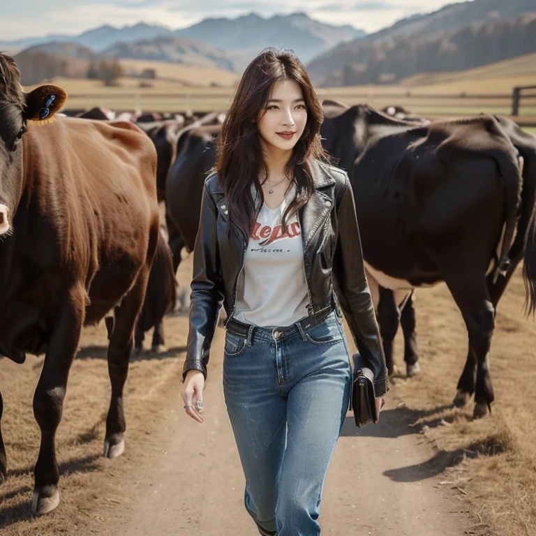 Woman in jeans and leather jacket walking with cows in field, Korean female fashion model, Bae Suzy, Leather jacket and denim jeans, beautiful korean girl, beautiful south korean women, Wear farm clothes, Casual clothing style, Song Hye-Kyo, She wore a leather jacket., cow girl, Jinyoung Shin, Jennie blackpink, Sleek black leather clothing