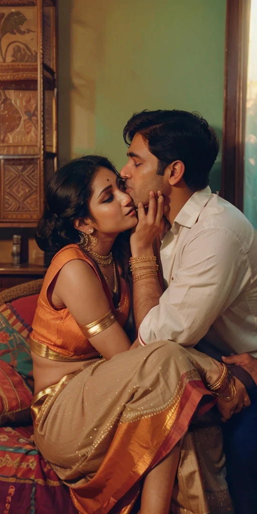 35mm film photography, A middle-aged Caucasian man with short dark hair tenderly embracing and kissing a young, curvaceous South Indian bride dressed in a traditional Indian dawani in a comfortable living room. A group of three Caucasian men observing the couple., high detail, split gradient colors background, full body image