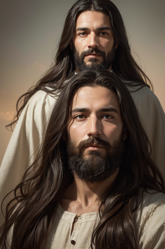 Arafed image of a man with long hair and beard, portrait of JesusChrist, JesusChrist, greg olsen, Jesus of Nazareth, painted in high resolution, the lord and savior, Jon Mcnaughton, 8k resolution. oil on canvas, jesus face, portrait of religious masterpiece, ultra detail. digitalpainting, dressed as JesusChrist, very beautiful portrait, heavenly background