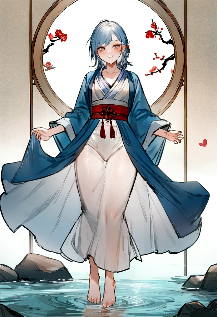 ((4k,Masterpiece,Best Quality)), shuimobysim, Chinese painting, heart, hanfu, maxiskirt, open dress, swf 1 chica, Alone, long blue fur, SMILE, standing, feet in the water, barefoot,