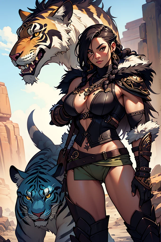 Smilodon companion fur armor barbarian wild woman tribal tattoed long dreadlock hair muscular