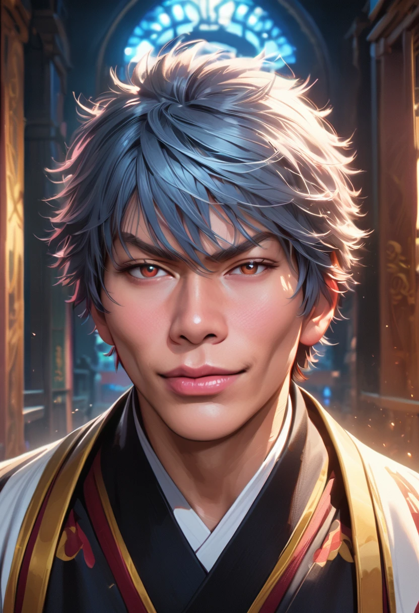 gintoki sakata from gintama,extremely detailed face,beautiful detailed eyes,using komono gintoki sakata from gintama, beautiful detailed lips,longeyelashes,smiling,anime,gintoki sakata from gintama, masterpiece,8k,photorealistic,hyperrealistic,vibrant colors,dramatic lighting,highly detailed background,intricate details,realistic skin texture