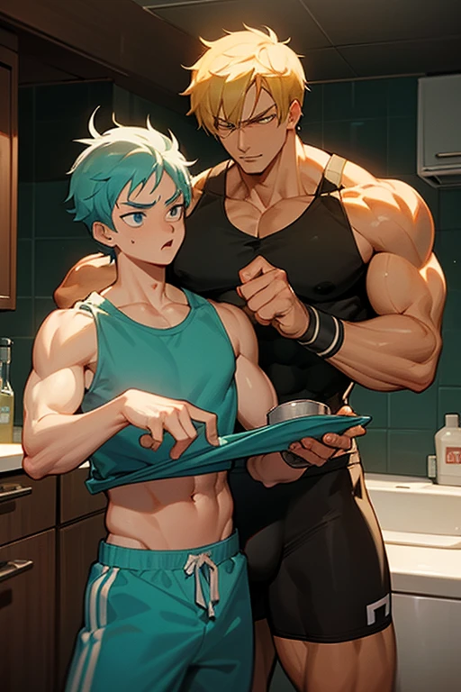 Sanji and Roronoa Zoro from One Piece making a protein shake in a kitchen for Rononoa Zoro. Both have trained themselves to look and act like big dumb bodybuilder jocks to blend in. Blank stares. Dumber and dumber. IQ drain. "Good dumb jocks are big and dumb. A good dumb jock's what I'll become...." Chuckling vapidly. Big biceps. Big triceps. Broad shoulders. Huge pecs. Big traps. Tank tops. Blank stare. Open mouths. Vapid. bro. bodybuilder. IQ drain. Jock. hypnosis. dumber. Big crotch bulge. Dumbing down. Brainwashing. Giant muscles. Hyper muscles. Hyper crotch bulge. Dumber and dumber. Bigger and bigger. Musclehead. Meathead. Jock. Hypnotized. Hypnosis. Brainwashed. Brainwashing. Subliminal hypnosis. "Bro, I feel ... kinda ... uhhh ... stupid...? Like my head gets ... dumber, and ... dumber, and ... dumber..... I'll ... be dumb ... for Coach...." Flexing. Tall and muscular.