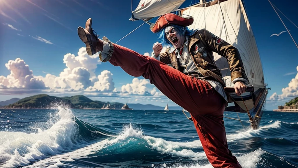 masterpiece, best quality, extremely detailed, hyperrealistic:1.1, photorealistic, a cool 40s man, ultra detailed face:1.2, red nose:1.3, long blue hair, red and white pirate hat, kicking, dynamic pose, laughing, on detailed yacht, sea