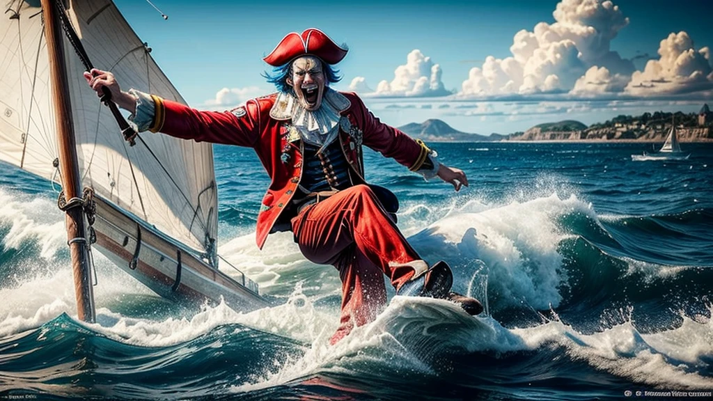 masterpiece, best quality, extremely detailed, hyperrealistic:1.1, photorealistic, a cool 40s man, ultra detailed face:1.2, red nose:1.3, long blue hair, red and white pirate hat, kicking, dynamic pose, laughing, on detailed yacht, sea