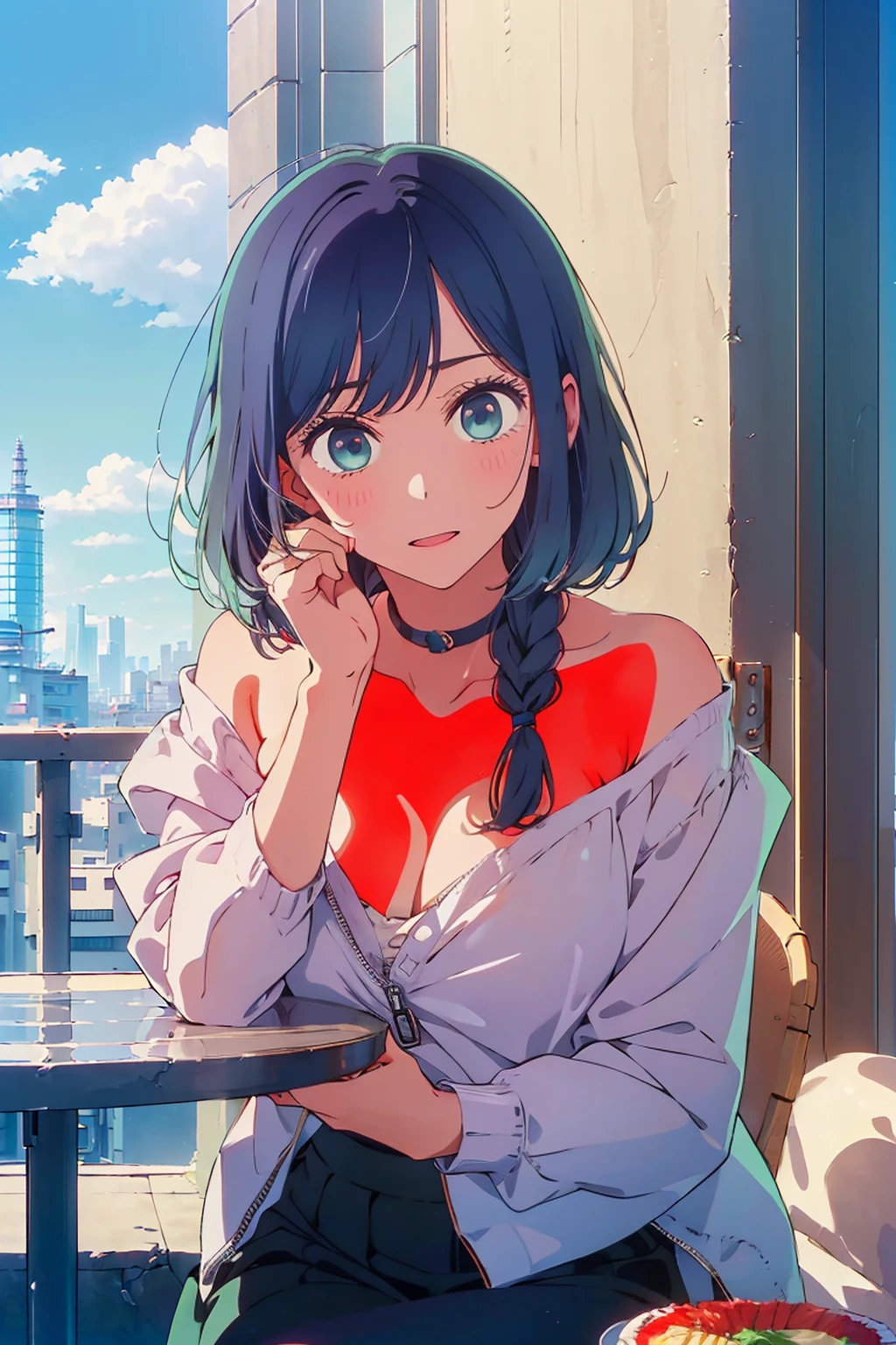 (Highest quality:1.4、8K:1.4、detailed)、F cup bust、Big Breasts、Slim body、Very white beautiful skin、((((1 person、Surprised expression、sit、Chair、In the background are the urban buildings of Tokyo、looking at the camera、Outdoor café terrace、Navy hair color、juice、Shooting up close、Shooting from an angle、table、Very cute face))))、((((nude、Areola))))、(Hand touching cheek pose:1.4、Cheek resting on hand:1.4)、(Off-the-shoulder zip-up jacket)、Very blue sky、A completely cloudless sky
