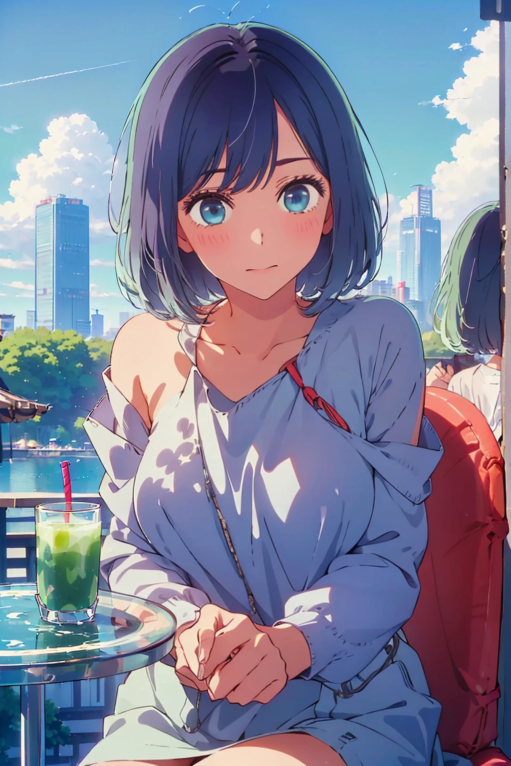 (Highest quality:1.4、8K:1.4、detailed)、F cup bust、Big Breasts、Slim body、Very white beautiful skin、((((1 person、Surprised expression、sit、Chair、In the background are the urban buildings of Tokyo、looking at the camera、Outdoor café terrace、Navy hair color、juice、Shooting up close、Shooting from an angle、table、Very cute face))))、((((nude、Areola))))、(Hand touching cheek pose:1.4、Cheek resting on hand:1.4)、(Off-the-shoulder zip-up jacket)、Very blue sky、A completely cloudless sky