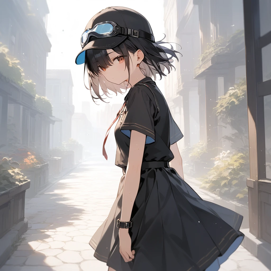 score_9, score_8_up, score_7_up, source_anime, best quality, masterpiece, official art, absurdres, highres, ultra-detailed,waifu2x,Collection: Slice of Life,break,1girl,very short hair, black hair, hair over one eye, small breasts, beautiful detailed eyes, cap, goggles on headwear, shirt, skirt, sweat, expressionless, sleepily, fantasy, outdoors, wind, break,(clear line illustration:1.2),very high resolution, very aesthetic, super detailed skin, Best cinematic lighting powered by famous artist, 8k, beauty illustration,photoshop_(medium),,(Detailed Lighting),best anime 8k konachan wallpaper, pixiv contest winner,