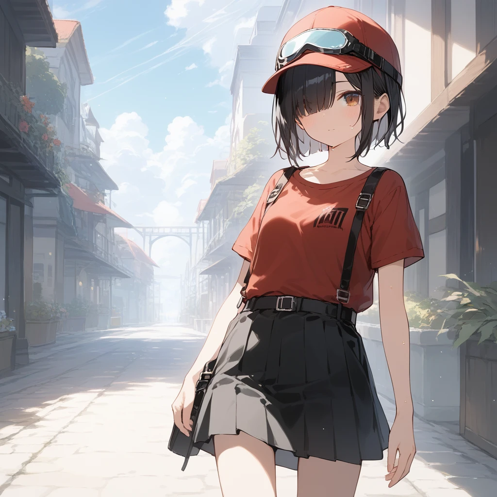 score_9, score_8_up, score_7_up, source_anime, best quality, masterpiece, official art, absurdres, highres, ultra-detailed,waifu2x,Collection: Slice of Life,break,1girl,very short hair, black hair, hair over one eye, small breasts, beautiful detailed eyes, cap, goggles on headwear, shirt, skirt, sweat, expressionless, sleepily, fantasy, outdoors, wind, break,(clear line illustration:1.2),very high resolution, very aesthetic, super detailed skin, Best cinematic lighting powered by famous artist, 8k, beauty illustration,photoshop_(medium),,(Detailed Lighting),best anime 8k konachan wallpaper, pixiv contest winner,