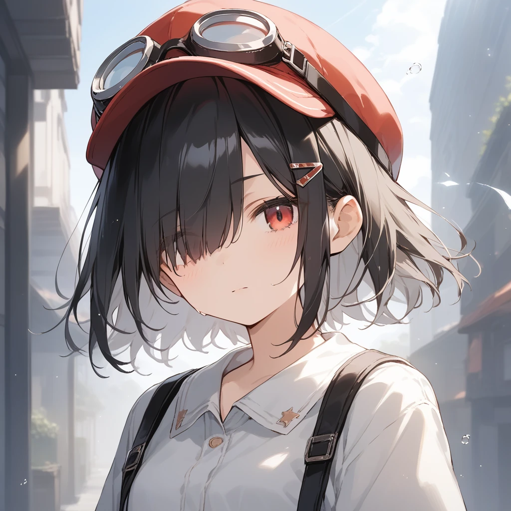 score_9, score_8_up, score_7_up, source_anime, best quality, masterpiece, official art, absurdres, highres, ultra-detailed,waifu2x,Collection: Slice of Life,break,1girl,very short hair, black hair, hair over one eye, small breasts, beautiful detailed eyes, cap, goggles on headwear, shirt, skirt, sweat, expressionless, sleepily, fantasy, outdoors, wind, break,(clear line illustration:1.2),very high resolution, very aesthetic, super detailed skin, Best cinematic lighting powered by famous artist, 8k, beauty illustration,photoshop_(medium),,(Detailed Lighting),best anime 8k konachan wallpaper, pixiv contest winner,