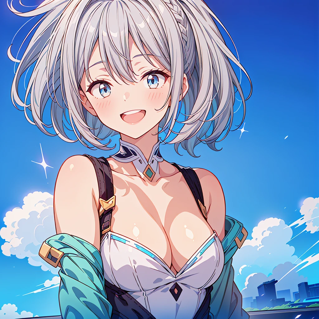 1girl,(((Highest quality、Masterpiece、Official Art、The best dynamic composition、HD、Super detailed)))、(((Gray and blue gradation hair color)))、 concept art, Smiling with the best smile、Smiling with eyes closed、looks happy、Singing a song、Upper Body、Singing with a microphone、