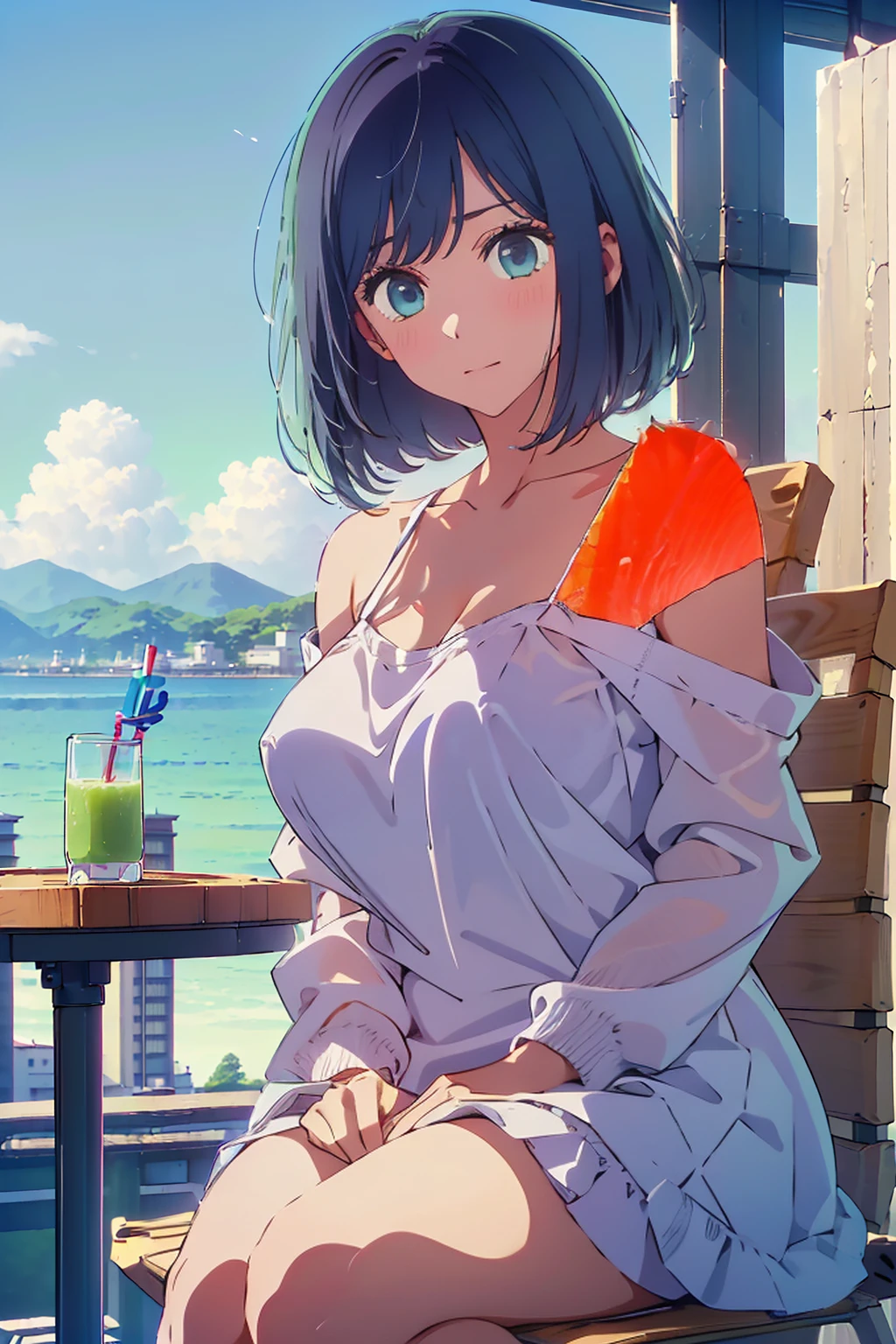 (Highest quality:1.4、8K:1.4、detailed)、F cup bust、Big Breasts、Slim body、Very white beautiful skin、((((1 person、Surprised expression、sit、Chair、In the background are the urban buildings of Tokyo、looking at the camera、Outdoor café terrace、Navy hair color、juice、Shooting up close、Shooting from an angle、table、Very cute face))))、((((nude、Areola))))、(手でjuiceを持つポーズ:1.4、Cheek resting on hand:1.4)、(Off-the-shoulder zip-up jacket)、Very blue sky、A completely cloudless sky