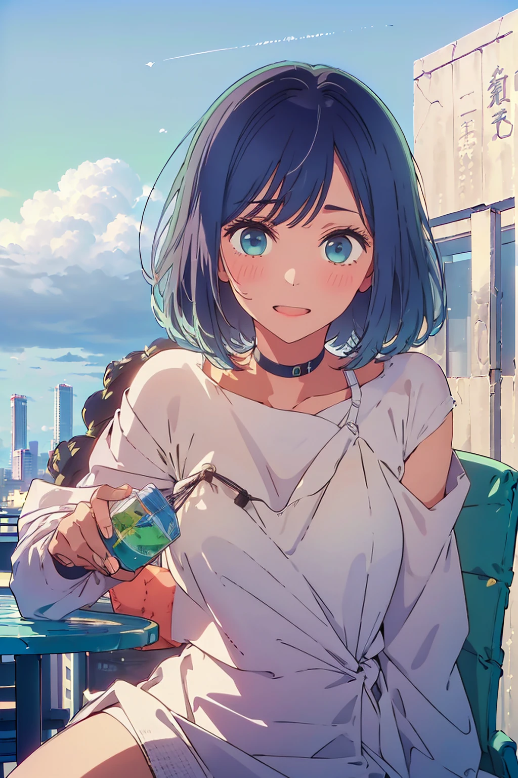 (Highest quality:1.4、8K:1.4、detailed)、F cup bust、Big Breasts、Slim body、Very white beautiful skin、((((1 person、Surprised expression、sit、Chair、In the background are the urban buildings of Tokyo、looking at the camera、Outdoor café terrace、Navy hair color、juice、Shooting up close、Shooting from an angle、table、Very cute face))))、((((nude、Areola))))、(手でjuiceを持つポーズ:1.4、Cheek resting on hand:1.4)、(Off-the-shoulder zip-up jacket)、Very blue sky、A completely cloudless sky