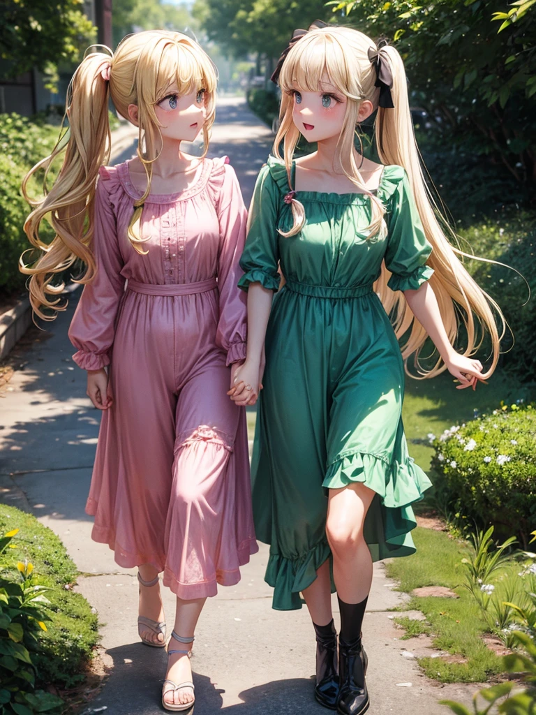 Two adult girls holding hands, one with blonde pigtails falling over her shoulders and a pink jumpsuit while the other is wearing a long-sleeved green dress., He has black eyes and long, flowing black hair with straight bangs.