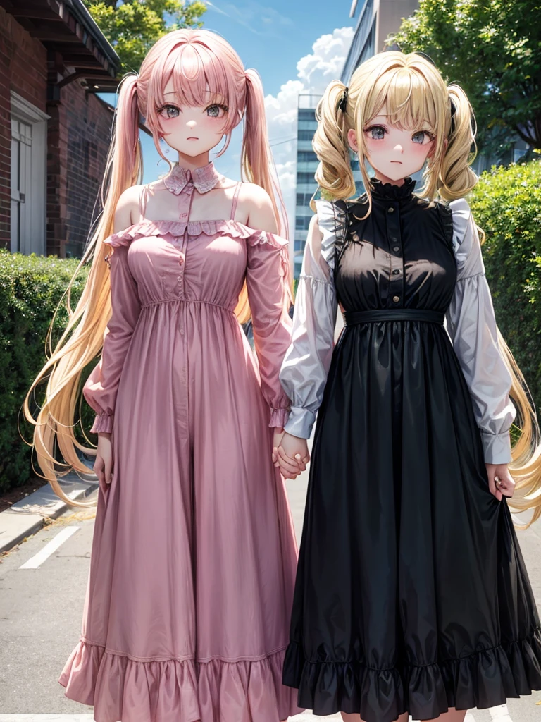 Two adult girls holding hands, one with blonde pigtails falling over her shoulders and a pink jumpsuit while the other is wearing a long-sleeved green dress., He has black eyes and long, flowing black hair with straight bangs.