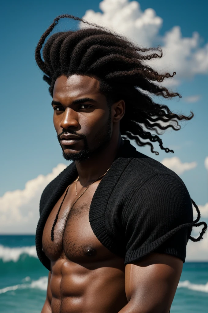 Create an image of an aestetic black man without a mouth and with eyes and hair with waves

