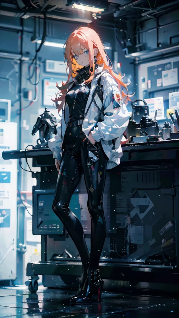 1 girl, long Yellow hair , cyberpunk, blue eyes, high heels, hand in pocket, best quality, 4k, 8k, highres, masterpiece:1.2, ultra-detailed, realistic, photorealistic, photo-realistic:1.37, HDR, UHD, studio lighting, ultra-fine painting, sharp focus, physically-based rendering, extreme detail description, professional, vivid colors, bokeh, cyberpunk, science fiction, neon lights, dark atmosphere, dramatic lighting