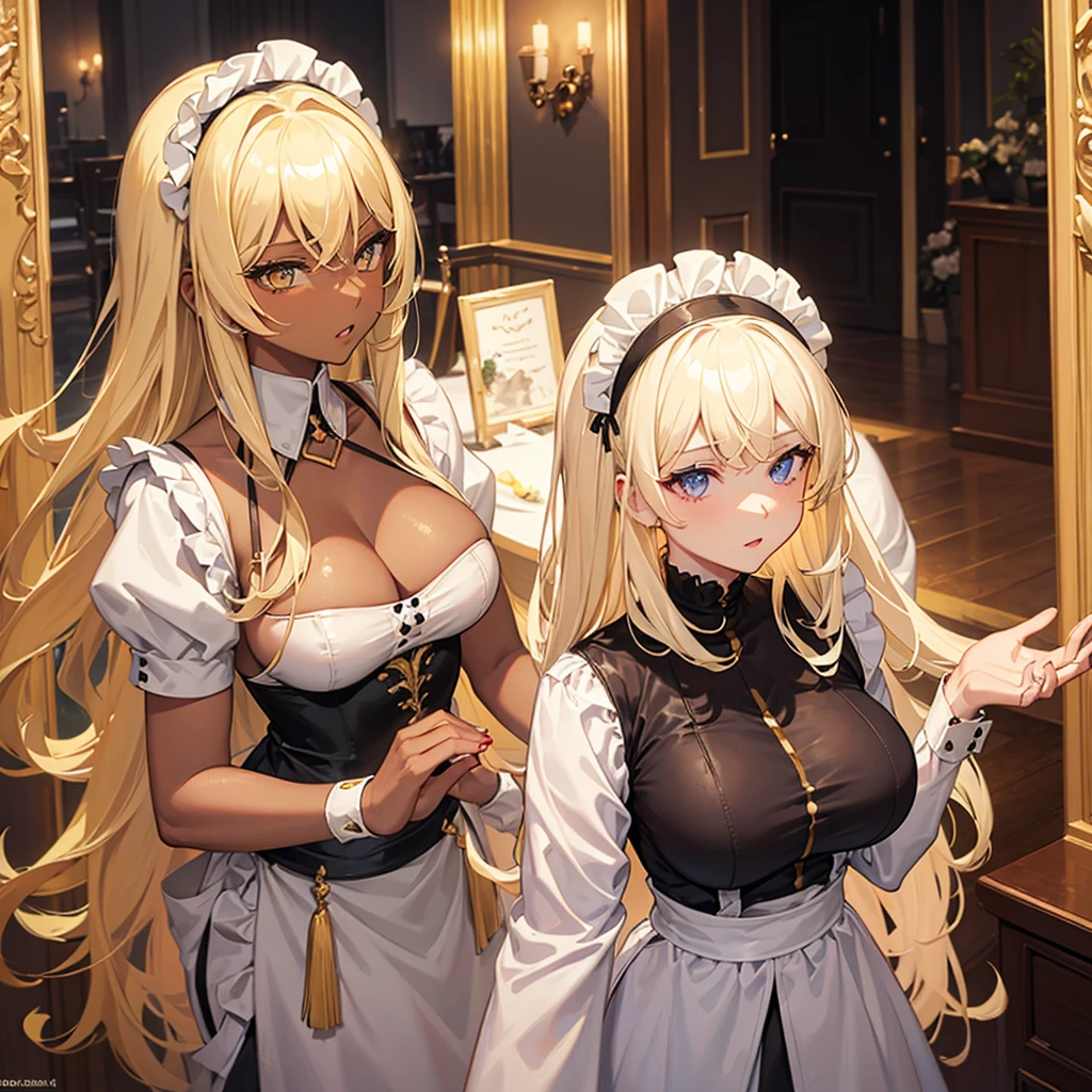 Blonde hair, golden eyes, dark Skinned beautiful, busty, woman wearing a Maid Outfit.