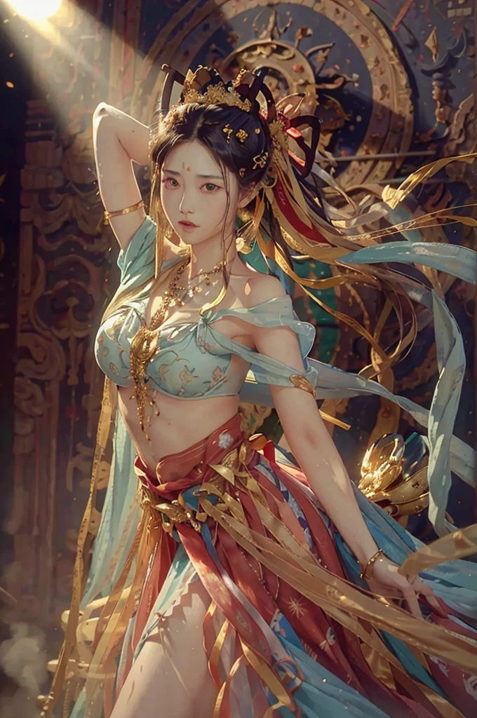 (RAW Photos, Highest quality), (Realistic, photo-Realistic:1.3),Highest quality,Very detailed,masterpiece,Super detailed,figure,One girl,upper_body,Dynamic Angle,world masterpiece theater,Messy_length_hair,Highest quality,Very detailed CG ユニティ 8k 壁紙,ink,wonderful,Cinema Lighting,lens_Flare,,Dunhuang_style