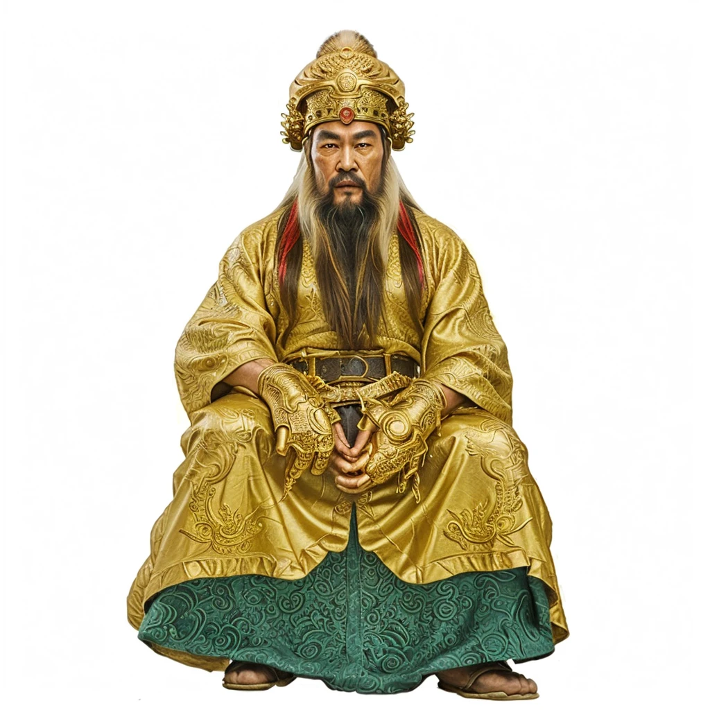 ancient chinese old man with long beard, wearing luxurious dragon robe, 2 belts with green jades