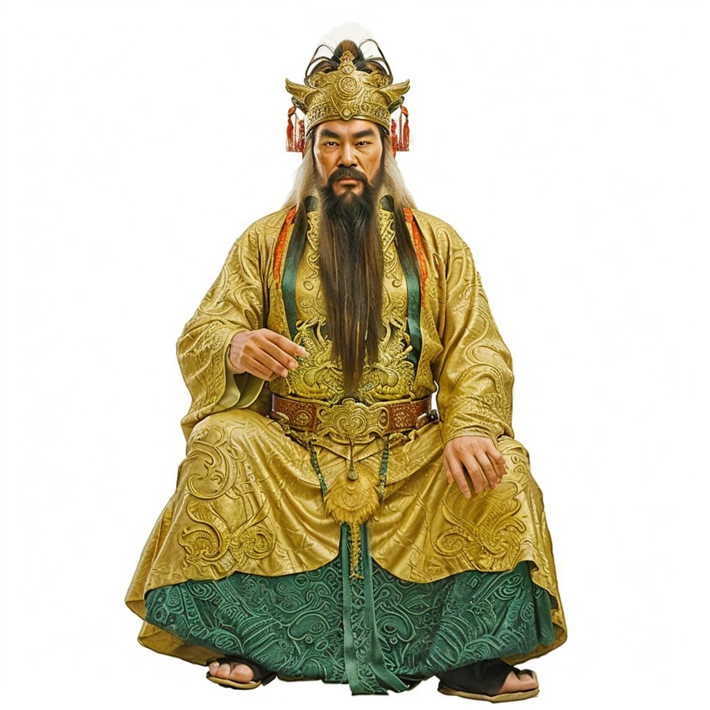 ancient chinese old man with long beard, wearing luxurious dragon robe, 2 belts with green jades