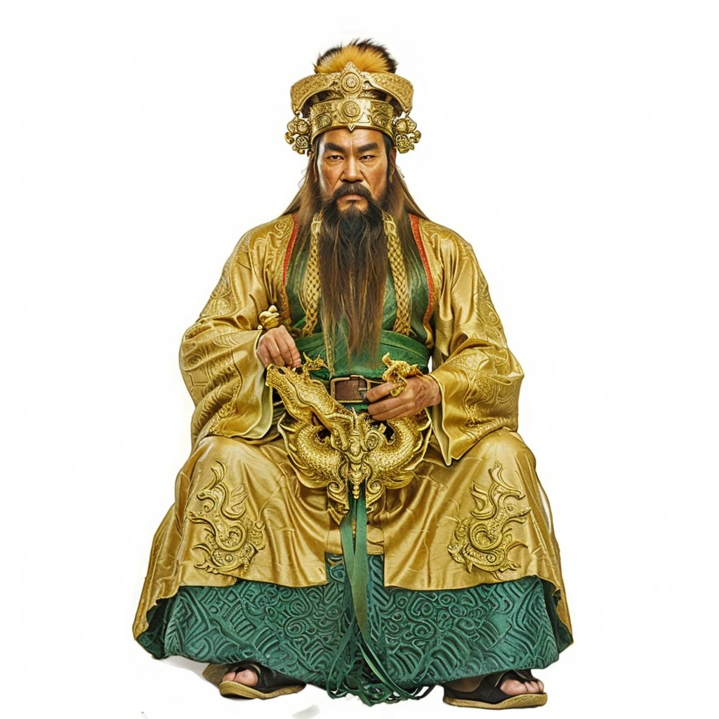 ancient chinese old man with long beard, wearing luxurious dragon robe, 2 belts with green jades