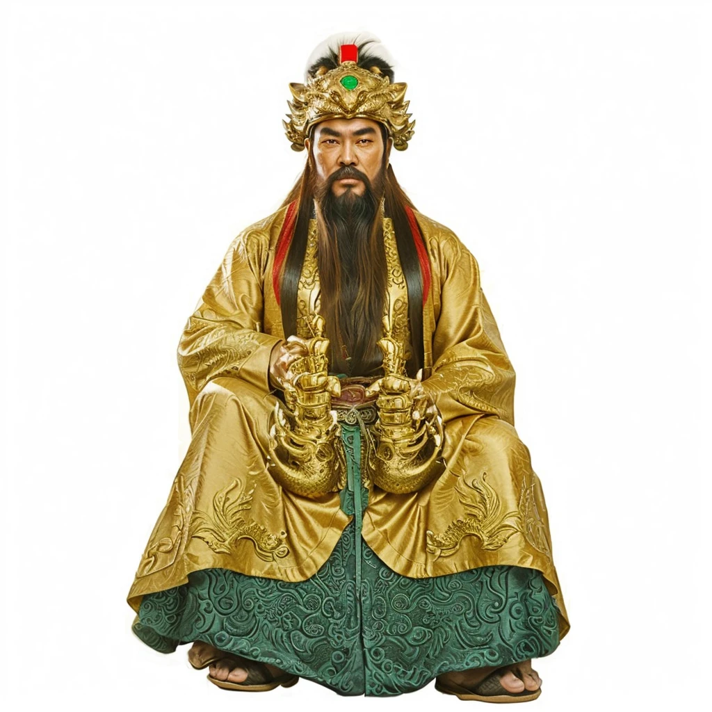 ancient chinese old man with long beard, wearing luxurious dragon robe, 2 belts with green jades