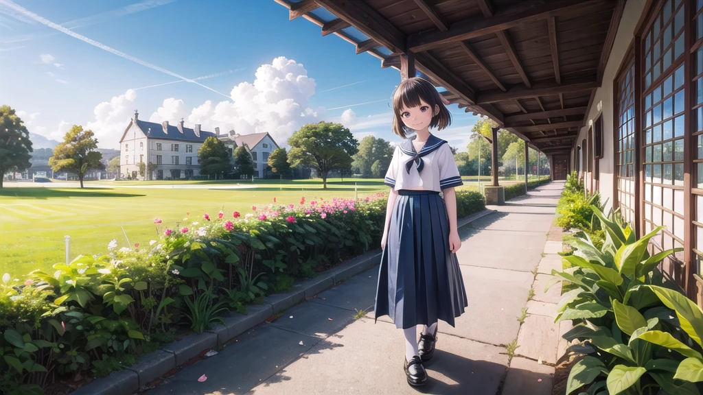(masterpiece),  town,  blue sky,  One Girl,  smile,  alone,  Sailor suit、Long skirt,  Overgrown,  petal,  plant、Skirt lining、Translucent slip、Nostalgic