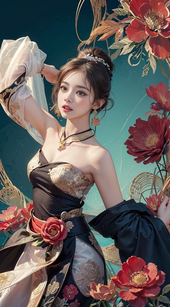 (masterpiece, Highest quality, Highest quality, Official Art, beautifully、aesthetic:1.2), (One girl:1.3), Very detailed,(Fractal Art:1.1),(colorful:1.1)(Flowers:1.3),Most detailed,(Tangled:1.2), (Dynamic pose), (Abstract background:1.3), (Chinese traditional cloth:1.2), (Shiny skin), (Many colors:1.4), ,(Earrings:1.4),