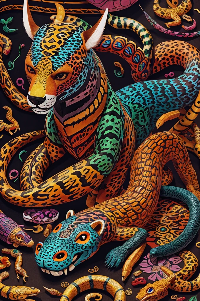 An alebrije with parts of a bear,jaguar, snake and scorpion 