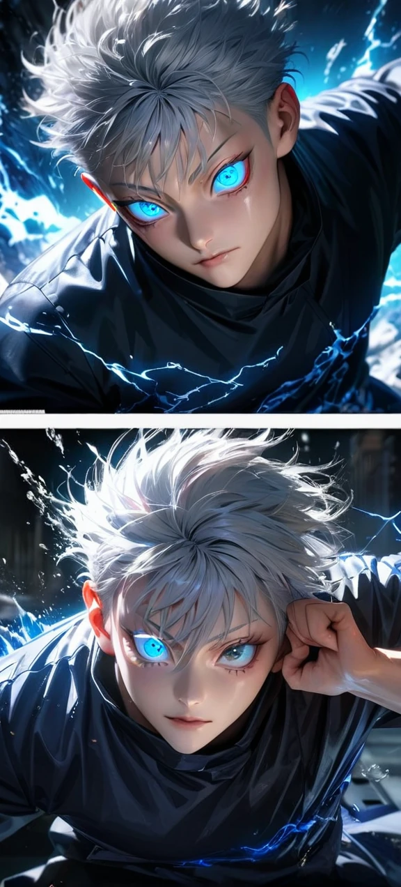  High quality, ultra realistic,absurdres, highres, ultra detailed, HDR, masterpiece, extremely detailed face and eyes,  Gojo satoru , jujutsu kaisen,, white hair ,black shirt , solo, ,man, handsome, ,white eyeleshes, blue eyes , Epic fight scene, blue splashing effect,blue lightning  effect,glowing glitters , close up,cool eyes, symetrical , one eye pose