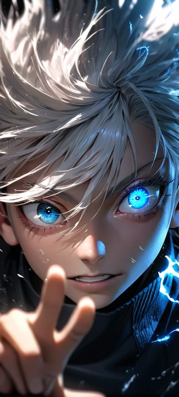 High quality, ultra realistic,absurdres, highres, ultra detailed, HDR, masterpiece, extremely detailed face and eyes, Gojo satoru , jujutsu kaisen,, white hair ,black shirt , solo, ,man, handsome, ,white eyeleshes, blue eyes , Epic fight scene, blue splashing effect,blue lightning effect,glowing glitters , close up,cool eyes, symetrical , one eye pose