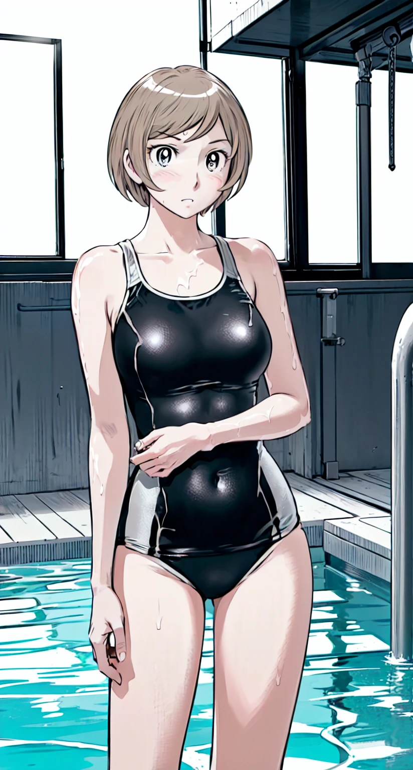 Blonde, (short hair:1.2)、((Illustration of a person))、Big Breasts、
View your viewers,, (Highest quality:1.3),blue eye star piece、Highest quality)、Highest quality, Ultra-high resolution, (((masterpiece))), alone, Sweat、Big eyes、Big Breasts、One Girl, Front view、Embarrassed face、Bronze colored hair、((short hair))、One Girl, alone, blush, Big Breasts,
Bare arms, Wet, Pool, 青いSchool Swimsuit, Thighs, Place your arms at your sides, Bare arms, Cowboy Shot, Are standing, School Swimsuit,bite、High Leg、mansuji