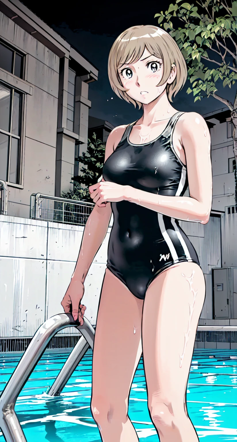 Blonde, (short hair:1.2)、((Illustration of a person))、Big Breasts、
View your viewers,, (Highest quality:1.3),blue eye star piece、Highest quality)、Highest quality, Ultra-high resolution, (((masterpiece))), alone, Sweat、Big eyes、Big Breasts、One Girl, Front view、Embarrassed face、Bronze colored hair、((short hair))、One Girl, alone, blush, Big Breasts,
Bare arms, Wet, Pool, 青いSchool Swimsuit, Thighs, Place your arms at your sides, Bare arms, Cowboy Shot, Are standing, School Swimsuit,bite、High Leg、mansuji