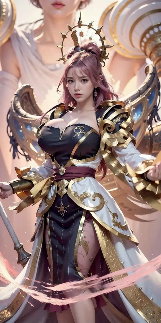 high quality,masterpiece,extremely detailed,high res,4k,ultra high res,detailed shadow,ultra realistic,realistic,dramatic lighting,1girl,solo,detailed face,realistic eyes,realistic skin,pink hair,dynamic pose, dynamic angle, white flowery dress, short hair cut,white background