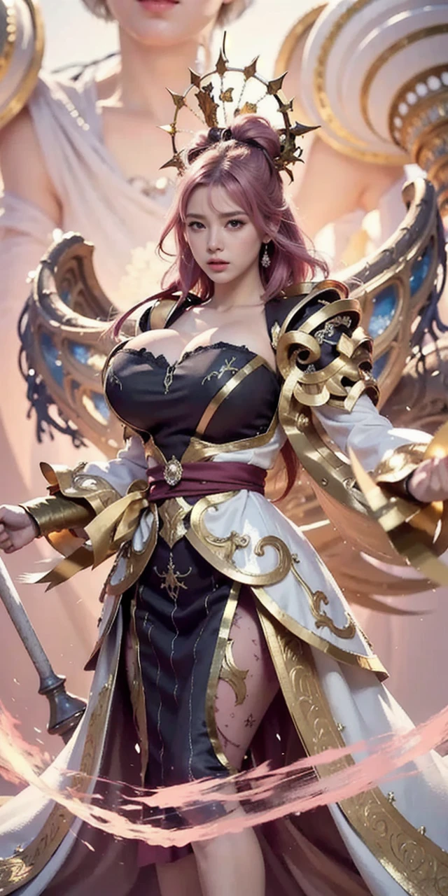 high quality,masterpiece,extremely detailed,high res,4k,ultra high res,detailed shadow,ultra realistic,realistic,dramatic lighting,1girl,solo,detailed face,realistic eyes,realistic skin,pink hair,dynamic pose, dynamic angle, white flowery dress, short hair cut,white background