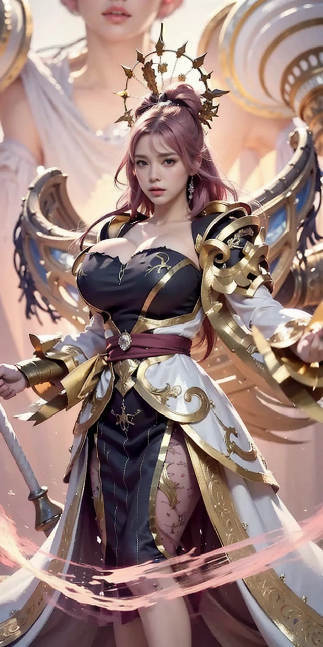 high quality,masterpiece,extremely detailed,high res,4k,ultra high res,detailed shadow,ultra realistic,realistic,dramatic lighting,1girl,solo,detailed face,realistic eyes,realistic skin,pink hair,dynamic pose, dynamic angle, white flowery dress, short hair cut,white background