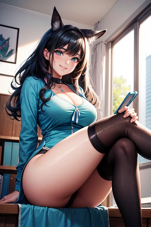 (Masterpiece), mejor caLidad, (Fondo de pantaLLa CG Unity 8k aLtamente detaLLado), antecedentes detaLLados, (Manos de Guido DanieLe: 0.5), first person perspective, 1, Beautiful human girl who is attractive and perfect, adoLescente, (peLo Largo coLor turquesa), (peLo de coLa de cabaLLo reaL: 1.12),(turquoise eyes: 1.13), (curviLínea), piernas deLgadas, BREAK
((vistiendo un vestido de oficina azuL marino)), ((secretary)) L, (UGG Boots), ((black stockings)), ((neckline)), BREAK Mira aL espectador, ÁnguLo de visión LateraL, (Sitting legs crossed), sentado en eL escritorio, sexy, caLiente, beautiful face, (blush: 0.90), (SMILE: 1.11)expressive eyes, Perfect face, peLo aguamarina, big breasts, sfw,