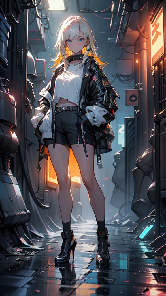 1 girl, long Yellow hair , cyberpunk, blue eyes, high heels, hand in pocket, best quality, 4k, 8k, highres, masterpiece:1.2, ultra-detailed, realistic, photorealistic, photo-realistic:1.37, HDR, UHD, studio lighting, ultra-fine painting, sharp focus, physically-based rendering, extreme detail description, professional, vivid colors, bokeh, cyberpunk, science fiction, neon lights, dark atmosphere, dramatic lighting