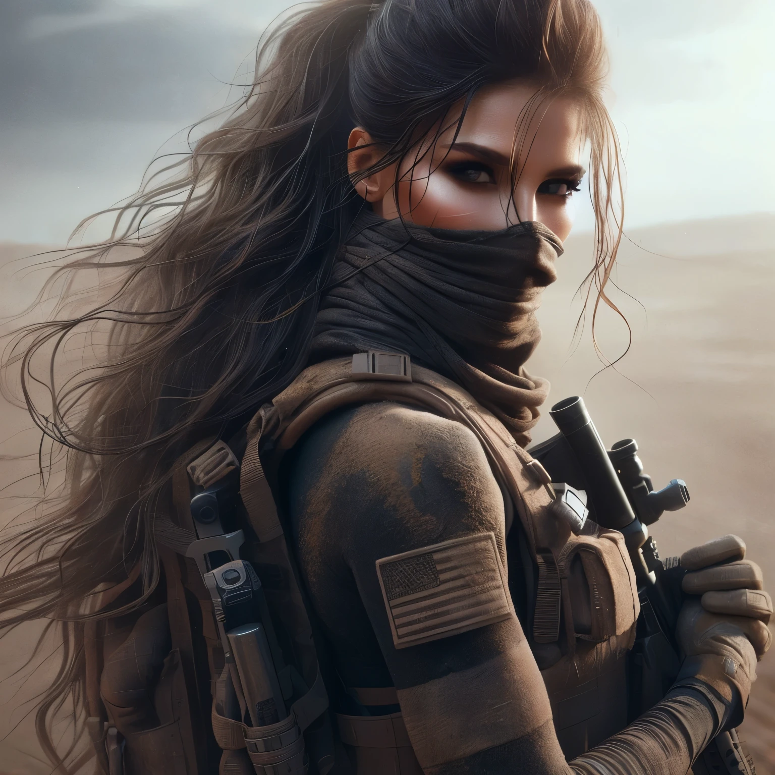 masterpiece, best quality, photorealistic, 8k raw photo, young woman, long hair, American supermodel, full body, ponytail, (space ninja), (special forces body suit), scarf to block windblown sand, beautiful eyes, 2 guns on her back, dust and dirt on face and hands, future, fantasy detailed background, detailed skin, pore, cinematic lighting, ultra detailed, high resolution, small breasts, intricate detailed