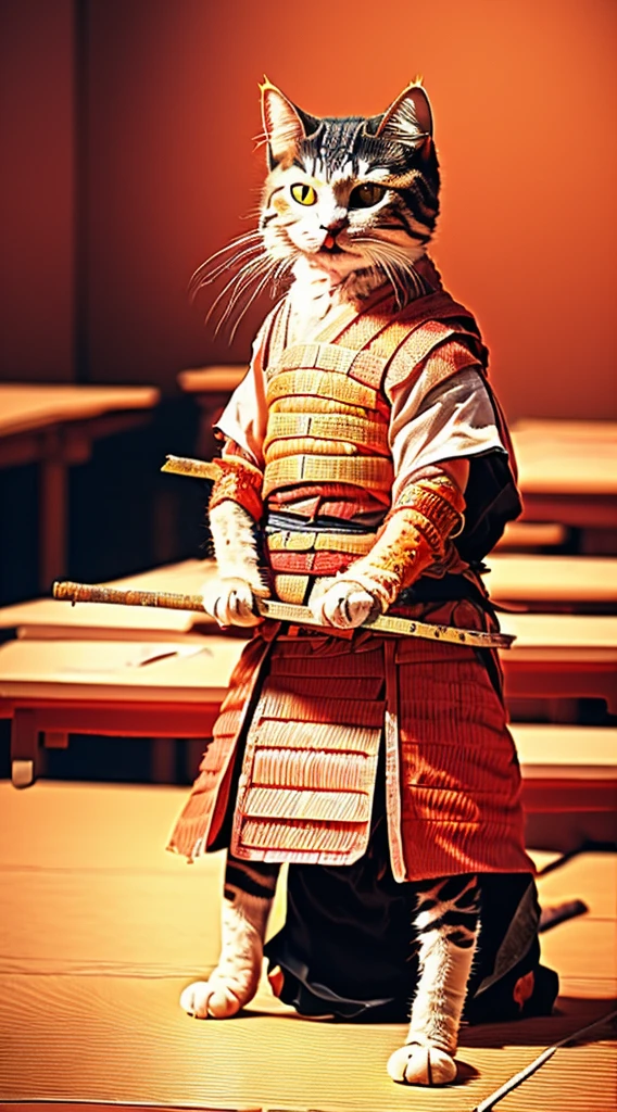 ((Highest quality, 8K, Tabletop:1.3)), cute, Realistic, RAW Photos, Natural light, Perfect Anatomy, Dynamic pose, High resolution, ((1 cat, Samurai Armor, Bipedal cat, Samurai Styleの猫)), Samurai Style, figure