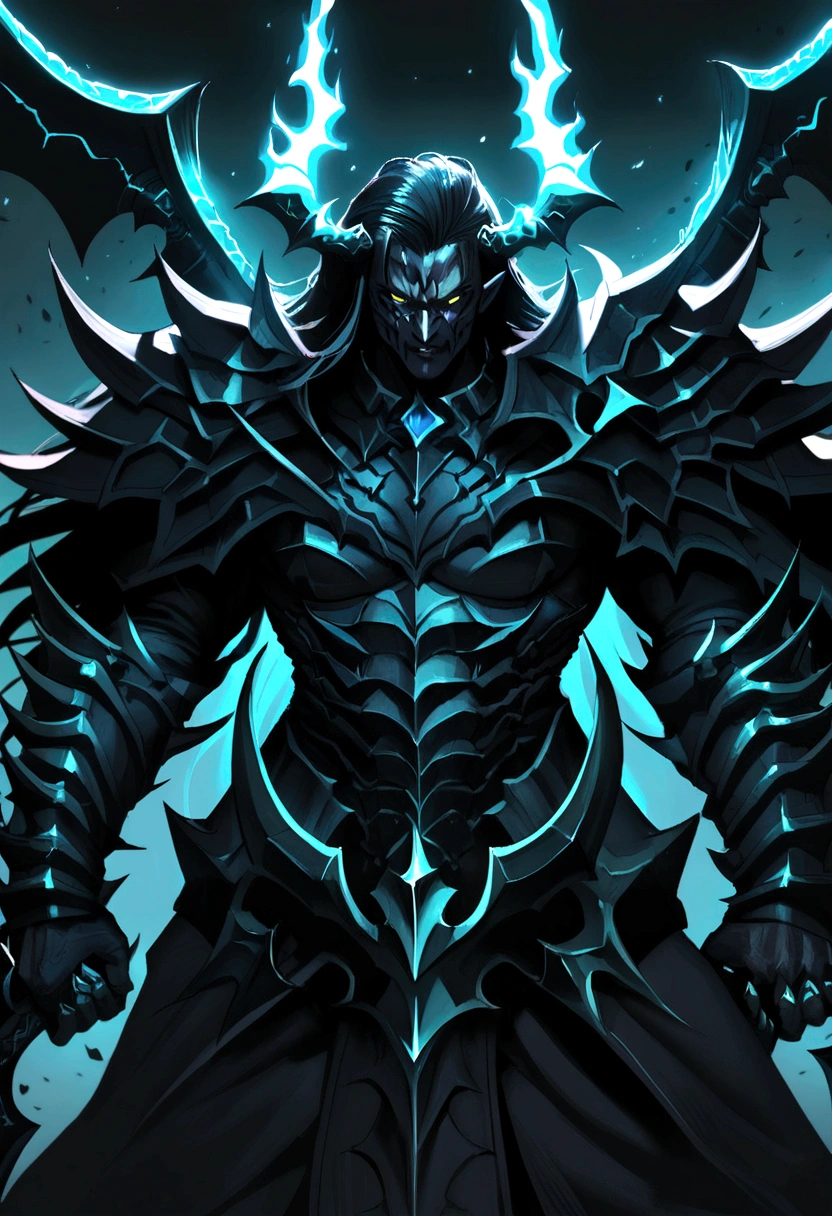 Doombringer demon knight, two axes one on each hand, cyan flames, evil looking, dark fantasy