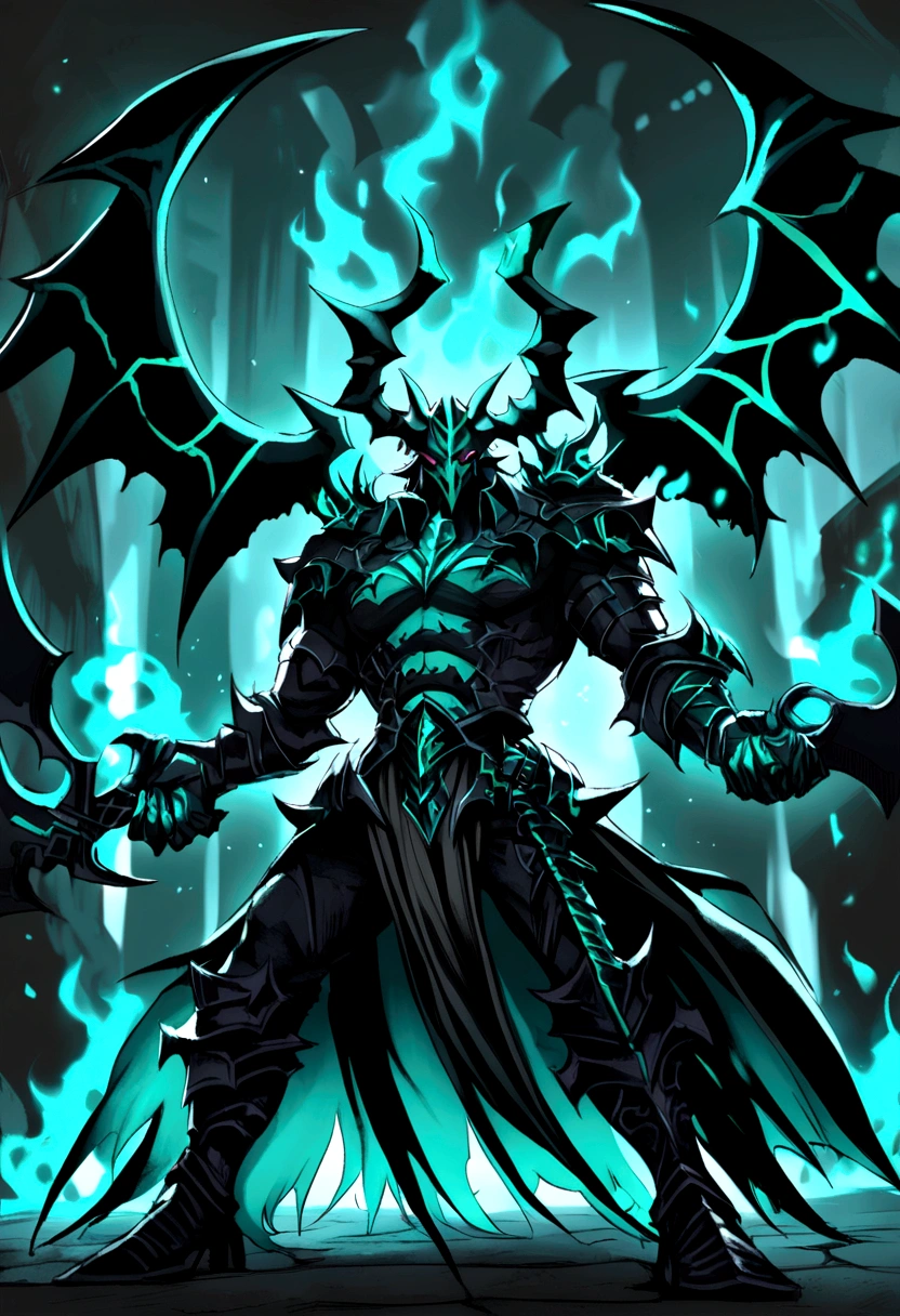 Doombringer demon knight, two axes one on each hand, cyan flames, evil looking, dark fantasy