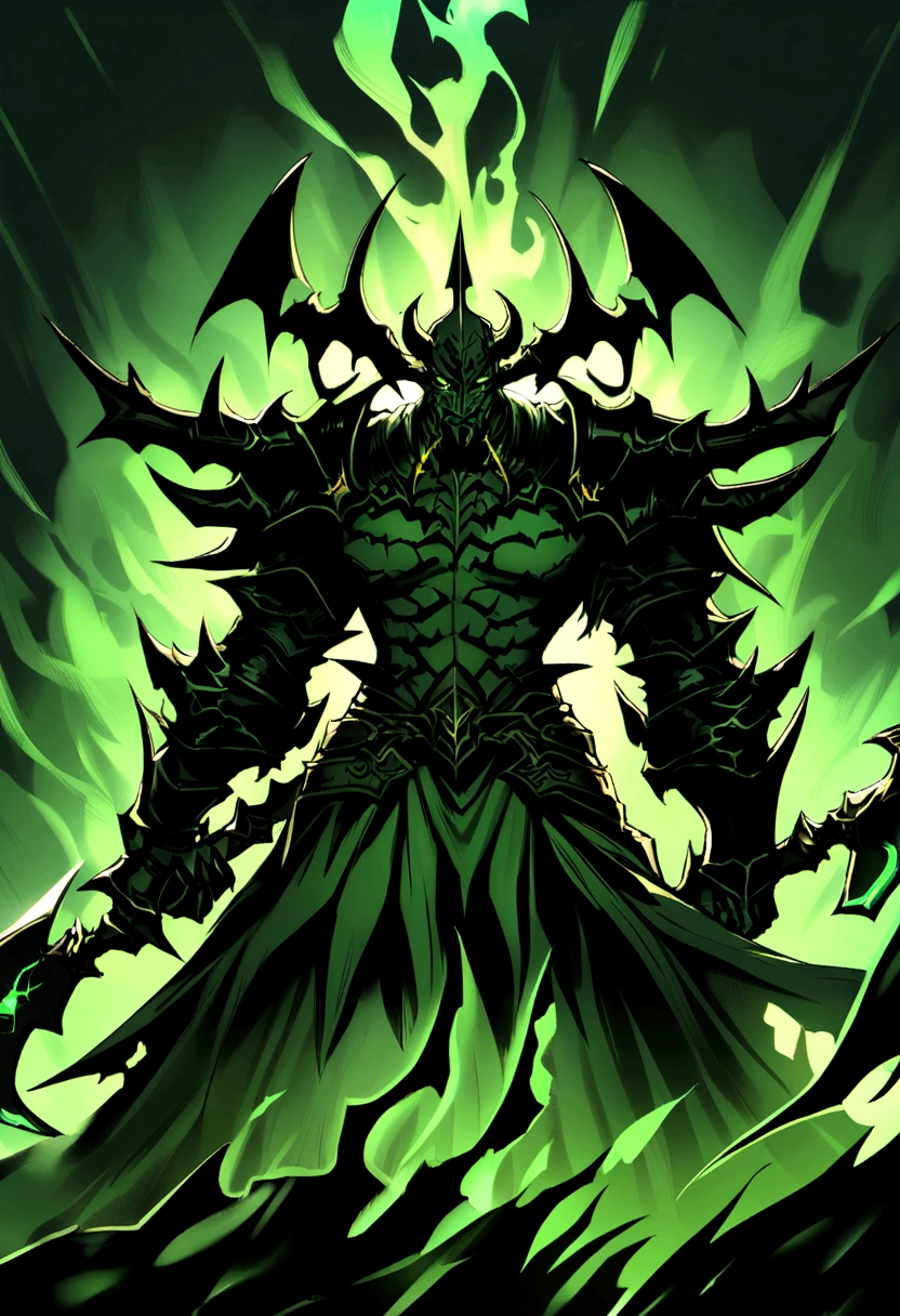 Doombringer demon knight, two axes one on each hand, cyan flames, evil looking, dark fantasy