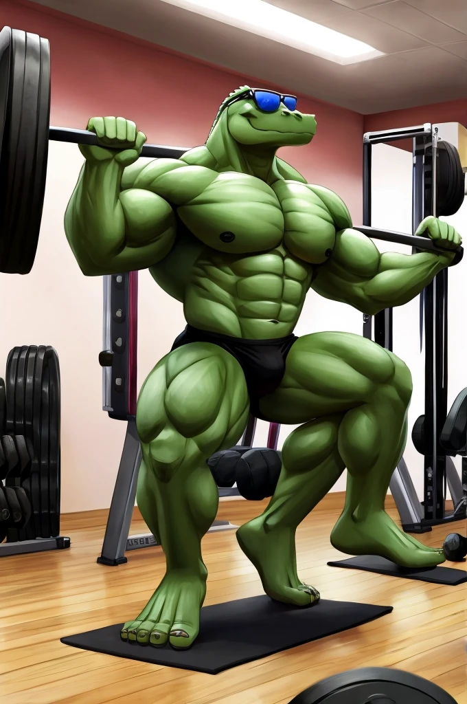 Make an alligator by working out , very muscly , with sunglasses and earrings 
