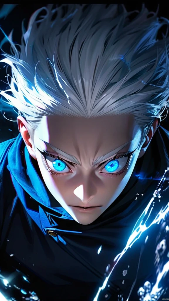 High quality, ultra realistic,absurdres, highres, ultra detailed, HDR, masterpiece, extremely detailed face and eyes, Gojo satoru , jujutsu kaisen,, white hair ,black shirt , solo, ,man, handsome, ,white eyeleshes, blue eyes , Epic fight scene, blue splashing effect,blue lightning effect,glowing glitters , close up,cool eyes, symetrical