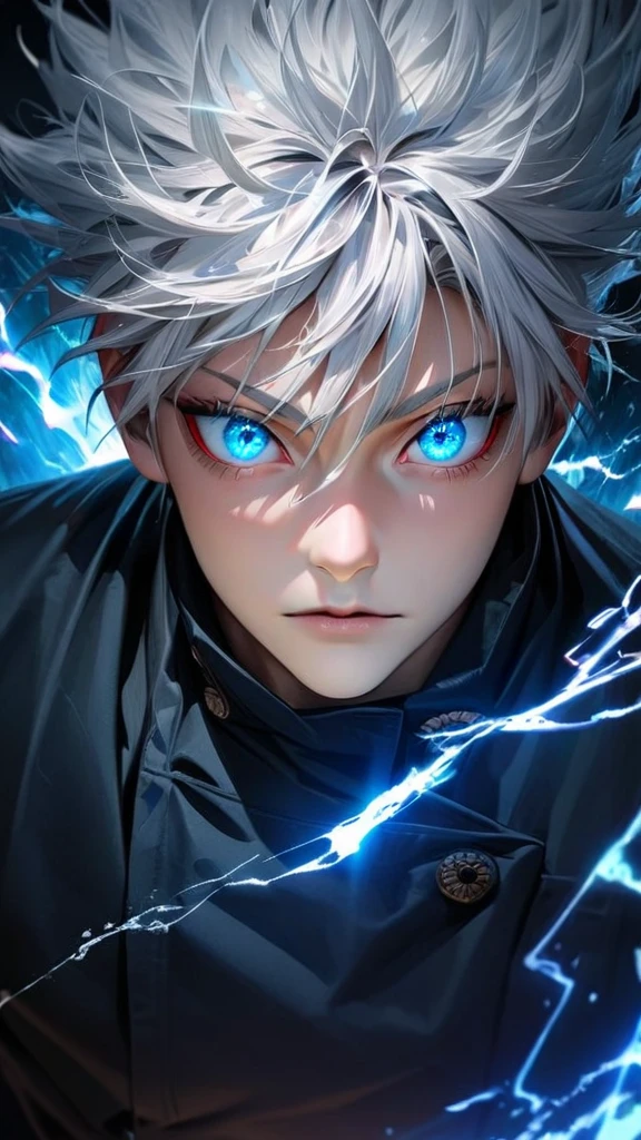  High quality, ultra realistic,absurdres, highres, ultra detailed, HDR, masterpiece, extremely detailed face and eyes,  Gojo satoru , jujutsu kaisen,, white hair ,black shirt , solo, ,man, handsome, ,white eyeleshes, blue eyes , Epic fight scene, blue splashing effect,blue lightning  effect,glowing glitters , close up,cool eyes, symetrical 