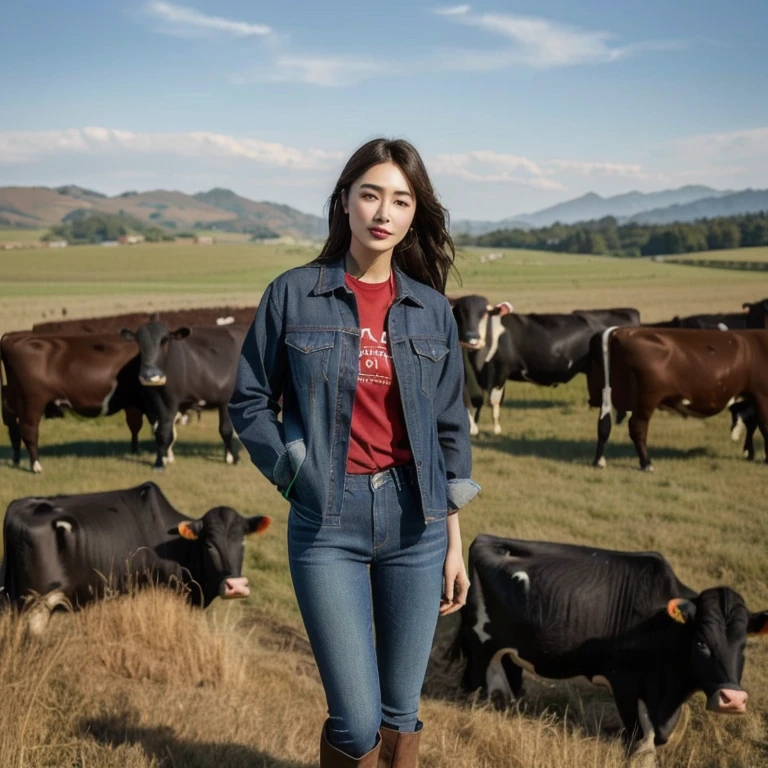 A woman in a red shirt and jeans stands in front of a herd of cows., Wear farm clothes, cow girl, Song Hye-Kyo, crystal, Wear a dark shirt and jeans., standing in the grass, Korean female fashion model, standing in the grass, In the countryside, Japanese Farmer, Bae Suzy, On the farm, cowgirl, Lulu Chen