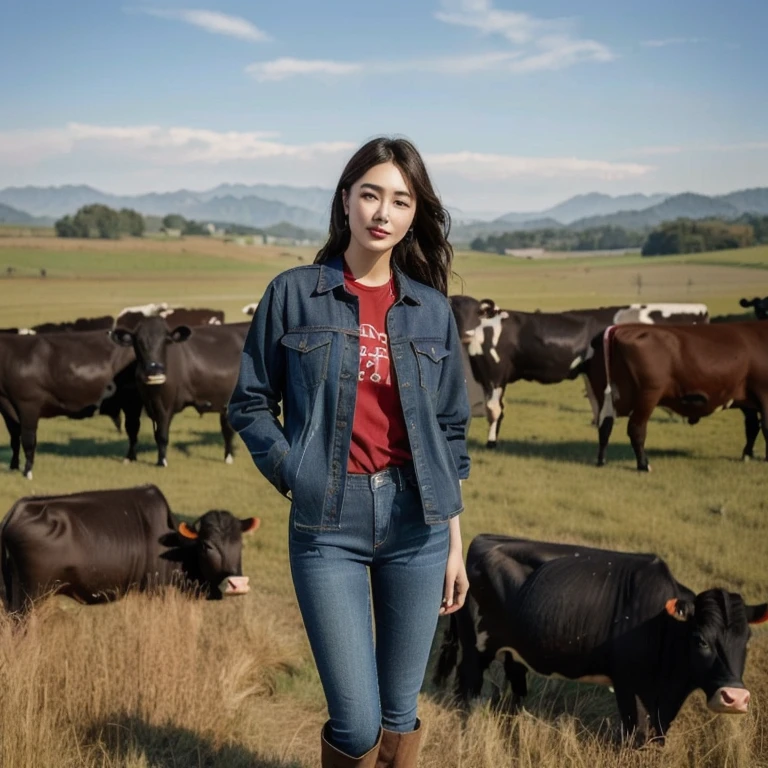 A woman in a red shirt and jeans stands in front of a herd of cows., Wear farm clothes, cow girl, Song Hye-Kyo, crystal, Wear a dark shirt and jeans., standing in the grass, Korean female fashion model, standing in the grass, In the countryside, Japanese Farmer, Bae Suzy, On the farm, cowgirl, Lulu Chen